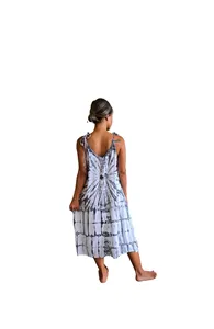 Boho Style Women Midi Dress Rayon Tie Dye Pattern Sleeveless Round Neck Grey Black Resort Wear Dress - Product Image 3