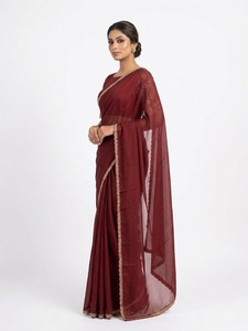 Sari de poliéster color granate con bordado dorado en el borde, para bodas, ocasiones especiales, estilo tradicional indio-pakistaní, estilo Bollywood, largo hasta el suelo. - Product Image 3