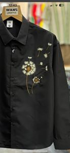 เสื้อเชิ้ตผู้ชายสีดำปักลายหรูหรา แขนยาว ผ้าฝ้าย สไตล์ลำลอง ติดกระดุม ลายดอกไม้ที่อก - Product Image 5