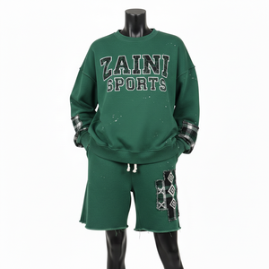 Conjunto de Sudadera y Pantalones Cortos de Felpa de Algodón y Poliéster de 320 GSM para Mujer, Color Verde Claro, Estampado de Grafiti en Toda la Superficie, Logotipo Sublimado - Product Image 4