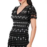 Robe longue de soirée noire de luxe à perles, col en V, à volants superposés, brodée de fleurs et de sequins, élégante en maille pour bal et fêtes