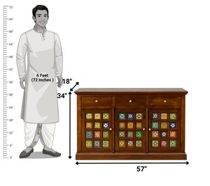 Wholesale Solid Wood Ceramic Tile <b>Sideboard</b> Vintage Indian Buffet Cabinet Hand Painted Tile Credenza | Pindel Handicraft - Product Image 2