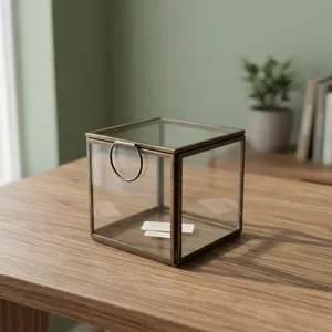Square Glass Jewelry Box With Brass Frame Ring Handle Minimalist Storage Organizer For <b>Bedroom</b> <b>Vanity</b> - Product Image 3
