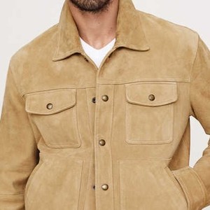 <b>Men's</b> Tan <b>Suede</b> Shirt <b>Jacket</b> Workwear Style Turn-down Collar Button Closure Regular Fit Autumn Wear Solid Color - Product Image 1