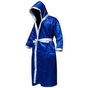 Robe de boxe bleue à capuche en polyester imperméable avec bordure blanche pour homme adulte, coupe ample, marque personnalisée - Product Image 2
