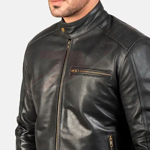 Veste en cuir véritable 100% pour homme, teinte unie, style classique décontracté, noir, en cuir de vachette, qualité supérieure, grandes tailles - Product Image 5