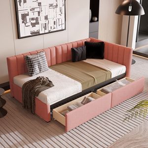 Upholstered Daybed with 2 Storage Drawers Twin Size <b>Sofa</b> <b>Bed</b> <b>Frame</b> Linen Fabric (Pink)-No Box Spring Needed - Product Image 1