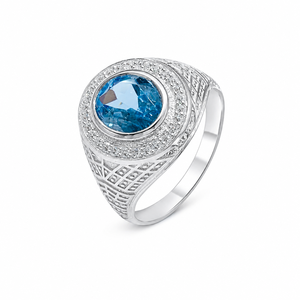 Anillo de Topacio Azul Londres y Circonitas Cúbicas en Plata de Ley 925 con Baño de Rodio, Engaste Pavé y de Garras, Estilo de Lujo - Product Image 5