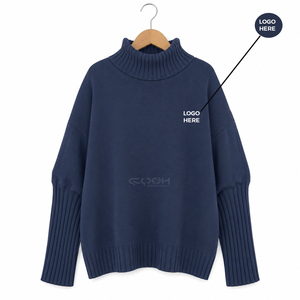 Cosh International Sorority Sisterhood Acrylic <b>Navy</b> Blue Knitted Turtleneck <b>Cardigan</b> Full Sleeve Casual Solid Color Anti-Pilling - Product Image 1