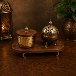 Ensemble de brûleur à bakhoor de luxe en laiton et bois de manguier avec plateau, pot de rangement pour oud martelé et dôme ajouré Mabkhara pour la décoration intérieure arabe - Product Image 5