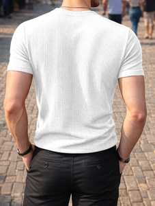 <b>Men's</b> White 100% Cotton Waffle Knit Short Sleeve T-Shirt ODM Casual Solid Cut Out <b>Neck</b> <b>Top</b> - Product Image 2