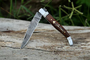 Set de Regalo de Navaja Plegable de Acero de Damasco con Funda de Cuero, Mango de Madera/Puño de Hueso, 58HRC, Navaja de Bolsillo Delgada, Garantía de 3 Años - Product Image 4