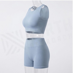 Conjunto de Yoga de 2 Piezas con Cuello Redondo y Espalda Cruzada, Pantalones Cortos de Cintura Alta, Color Azul Claro Sólido, Transpirable, Spandex, Poliéster, Ropa Deportiva para Mujer - Product Image 3