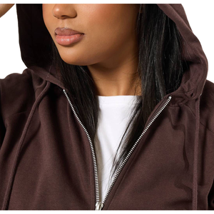 Sudadera con capucha y cremallera para mujer, estilo streetwear, color marrón sólido, con bolsillo canguro, informal para otoño. - Product Image 6