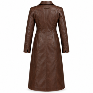 Bespoke <b>Women</b> Brown Leather <b>Duster</b> <b>Coat</b> Long Custom Trench Ladies Autumn Overcoat Oem Odm Button Outerwear - Product Image 2