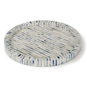 Round Bamboo <b>Decorative</b> <b>Tray</b> with Blue and White Pattern Style Artisan Crafted Interior Accessory Organizer - Product Image 3