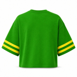Camiseta Personalizada con Pedrería para Mujer, Verde y Amarillo, con Letras Griegas Brillantes 1932, Top Corto Oversize con Mangas a Rayas, Venta al Por Mayor - Product Image 3