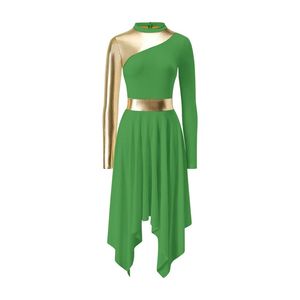 Tenue de danse tendance pour femmes, robe patchwork contrastée à manches longues et ourlet asymétrique - Product Image 4