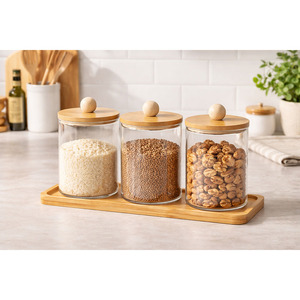 Recipientes Transparentes Modernos Multifuncionales para Baño/Cocina con Bandeja de Bambú - Product Image 4