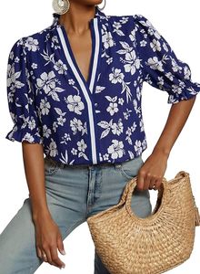 Women's Summer Boho Floral Ruffle Shirt Puff Short Sleeve V Neck Casual Trendy Cute Blouse <b>Tops</b> - Product Image 3