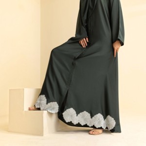 Women's Dark Green Polyester Breathable Loose Fit Abaya Long Sleeve Floor Length Straight Hem Applique <b>Modest</b> <b>Dress</b> Middle East - Product Image 4