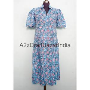 Vestido Midi de Mujer, Nuevo Diseño, 100% Algodón, Estampado Floral Hecho a Mano, Cuello en V, Mangas Cortas, Bolsillos, Decoración con Botones - Product Image 3