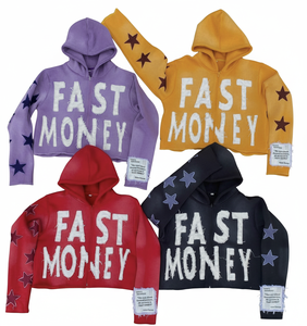 เสื้อฮู้ดซิปปักลาย Fast Money ทรงโอเวอร์ไซส์ ผ้าฝ้าย สตรีทแวร์ ลายดาวสีเหลือง หลากสี สำหรับผู้ชาย - Product Image 1