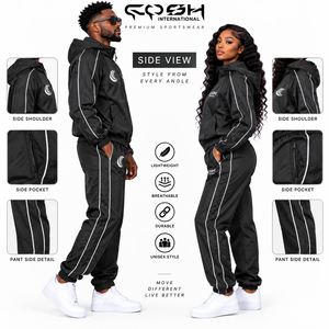 Unisex Black Hooded Tracksuit Set With <strong>White</strong> Stripe Casual Lightweight Polyester <strong>Joggers</strong> And Jacket For Adults Autumn Wear - Product Image 4