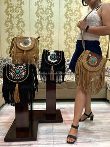 Nuevo estilo occidental pelo en piel de ante con flecos bolso de hombro de cuero bohemio de alta calidad para mujer con piedra turquesa - Product Image 3