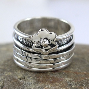 925 Sterling Silver Flower <b>Spinner</b> <b>Ring</b> for Women Wide Multi-Band Meditation Fidget <b>Ring</b> Handmade Floral Statement Jewelry - Product Image 3