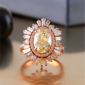 14K Rose Gold <b>Fine</b> <b>Ring</b> with 3.56 CT Fancy Yellow Oval Lab Grown Diamond Sunburst Halo - Product Image 1