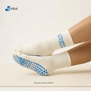 BSCI ODM <b>Custom</b> Women's Anti-Slip Cotton <b>Grip</b> <b>Socks</b> Blue Dotted Sole Home Yoga Pilates Crew Length with Letter Text - Product Image 3