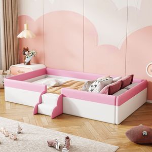 Letto a giorno imbottito per bambini, misura Twin, con recinzione e scale, colore rosa e bianco - Product Image 2