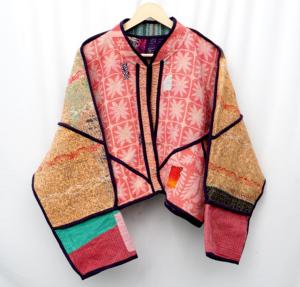 Patchwork Handmade Knitted Cotton <b>Kantha</b> Coat Breathable Eco-friendly Blazer Mandarin Collar Full Sleeve Multi Color Women's - Product Image 2