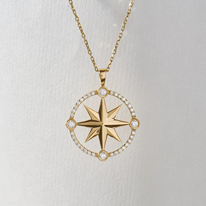Yellow Gold <b>Compass</b> Star Lab Grown Diamond Round Brilliant Cut Luxury Pendant <b>Necklace</b> - Product Image 1