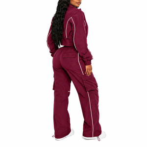 Ensemble survêtement coupe-vent en nylon pour femme, pantalon cargo, veste zippée, streetwear, deux pièces, logo personnalisé OEM - Product Image 5