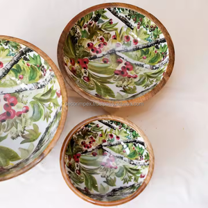 Ensaladera de madera, cuenco para servir ensalada con estampado colorido, Decoración de mesa de comedor, cuenco para servir ensalada para la decoración del hogar y del Hotel - Product Image 1