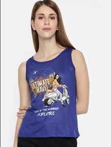 Camiseta sin mangas azul para mujer con estampado de viaje, cuello redondo, estilo casual, 100% algodón, tejido transpirable, logo frontal - Product Image 2