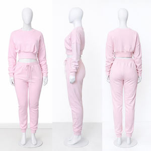 2024 แฟชั่นโลโก้ที่กําหนดเองลูกเรือคอ 2 ชิ้น Joggers กางเกงชุดผู้หญิงขนแกะเรียงรายแขนยาว Crop TOP ผงเหงื่อชุดสูทชุด - Product Image 1