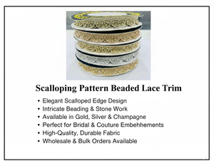 Ribete de encaje de lujo con perlas y cuentas bordadas con patrón festoneado para sari nupcial y vestido de novia, al por mayor - Product Image 6