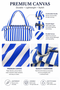 Blue <b>White</b> Striped Canvas Fashion Lady Women's <b>Shoulder</b> <b>Bag</b> Preppy Zipper Closure Single Handle All Seasons Daily Use Portable - Product Image 2