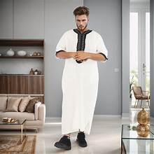 Fashionista International <b>Men</b> White Cotton <b>Thobe</b> Long Sleeve Ankle Length Embroidered Modest Islamic Prayer Wear Middle East - Product Image 4