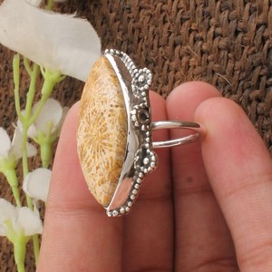 Bague en corail fossile naturel, argent sterling 925, pierre précieuse en corail agatisé, motif floral, bijoux en pierre pour femme, cadeau, vente en gros - Product Image 5