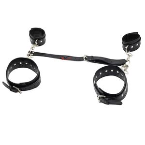 Black <b>Leather</b> <b>Wrist</b> <b>Cuffs</b> Set with Metal Buckles and Chain Connector - Product Image 3