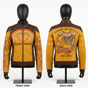 Distressed Leather <b>Racing</b> <b>Jacket</b> Custom Graphic Print Biker Moto Coat Men Aged Look Motorbike Rider Gear Heritage Style - Product Image 4