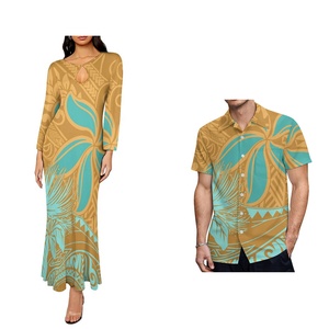 Conjunto de Dos Piezas de Moda: Vestido Largo Estilo Sirena con Diseño Tribal Polinesio y Camisa Aloha de Talla Grande para Hombre - Product Image 4