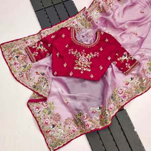 ชุดส่าหรีแนวแฟนซีสำหรับผู้หญิงมีชุดงานปักเลื่อมปักลายหลายดอก - Product Image 2