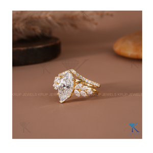 Elegante conjunto nupcial de oro amarillo con diseño botánico, corte marquesa, racimo de hojas y anillo apilable con banda de espiga a juego para mujer - Product Image 3