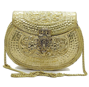 <b>Silver</b> brass hand <b>clutch</b> featuring elaborate filigree work, a central multi-gemstone medallion, an oversized handle,at wholesale - Product Image 3