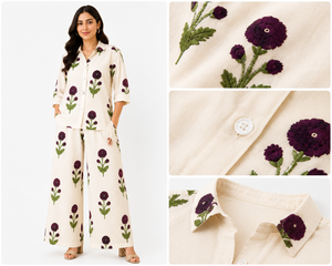 Ensemble de pyjama bohème pour femme à imprimé floral, vêtements de détente de luxe en coton, vente en gros, chemisier ample boutonné et pantalon palazzo assorti - Product Image 6